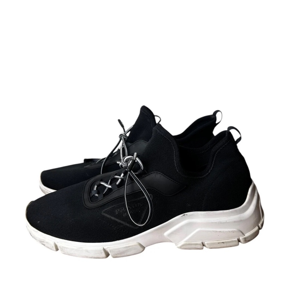 Prada Knit Lace Up Black Trainer Sneakers Shoes Black White Size 38.5 8.5 - Picture 1 of 13